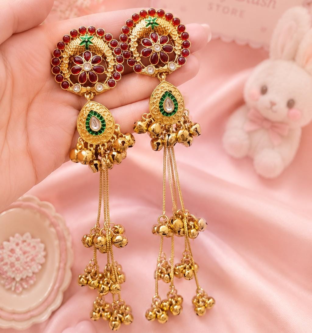 Kashmiri Ghungroo Long Jhumka red green | Antique Finish Earrings