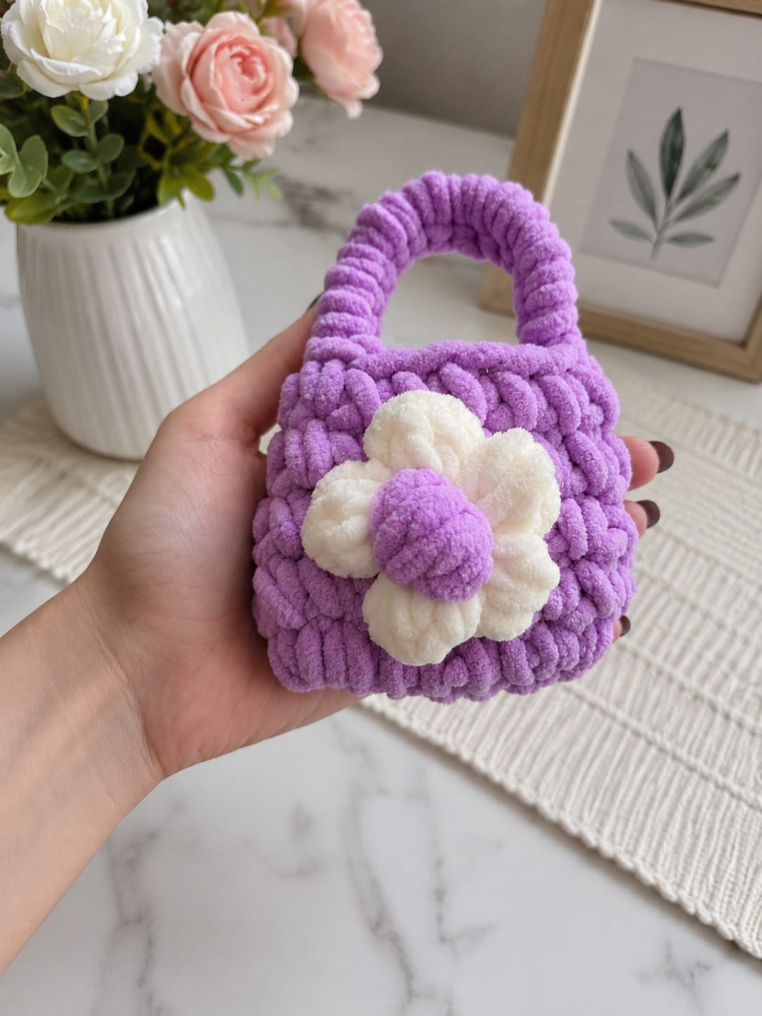 Mini Plush Flower Bag For Earbuds - Purple