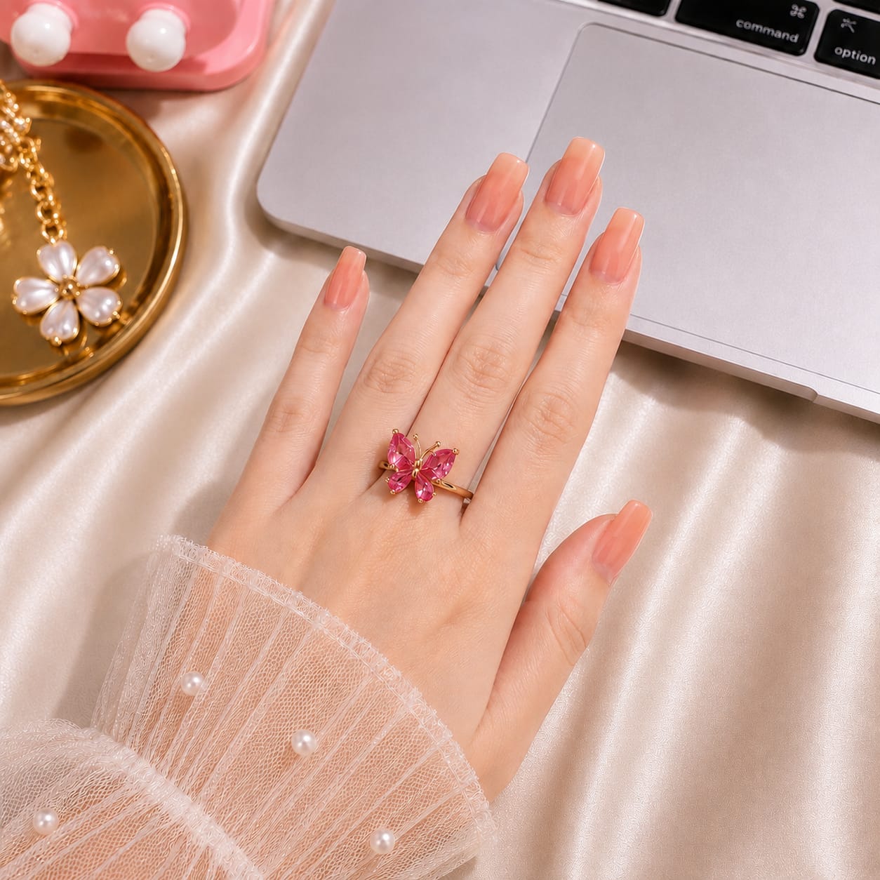 Ruby Pink Butterfly Adjustable Ring