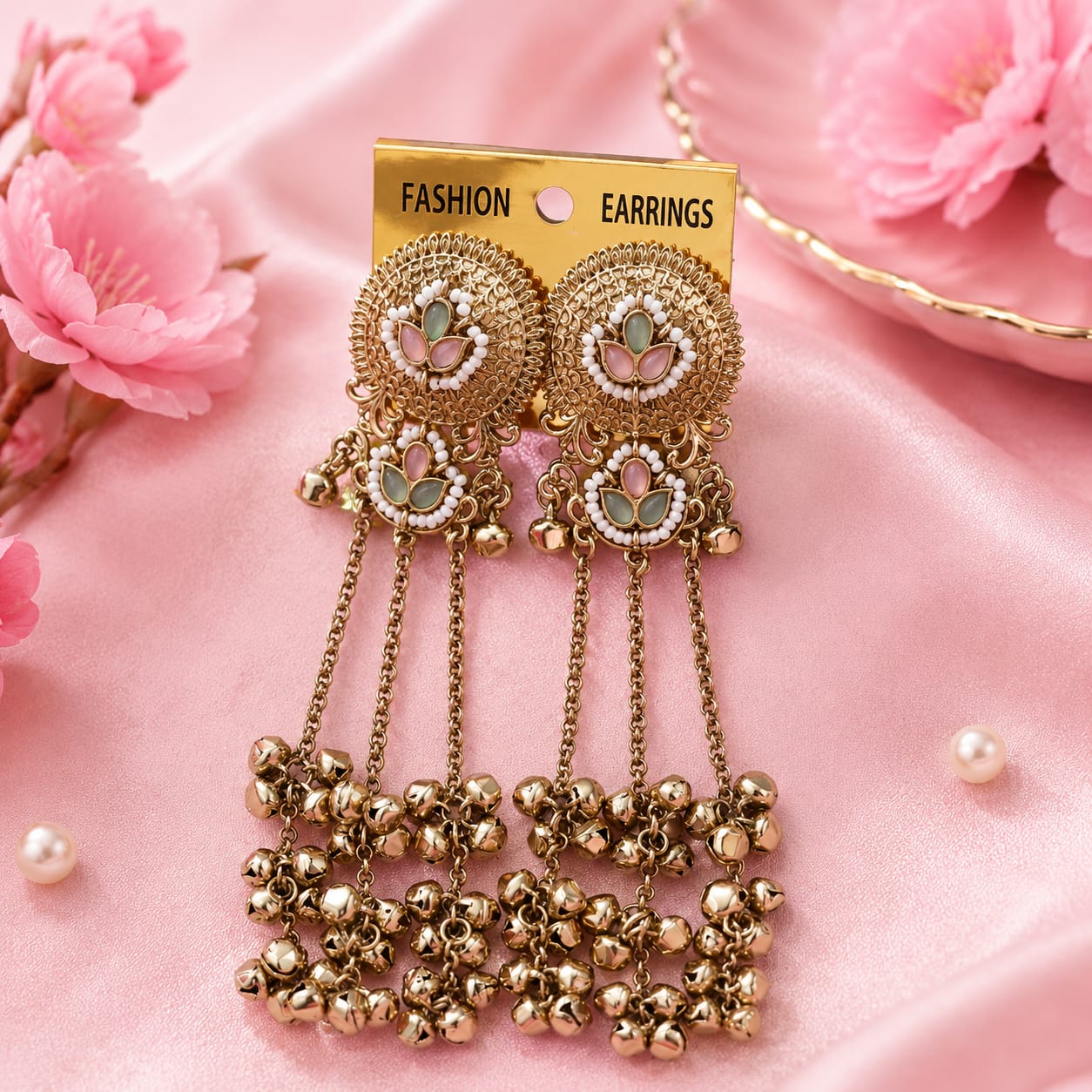 Kashmiri Ghungroo Long Jhumka peach pink and green | Antique Finish Earrings