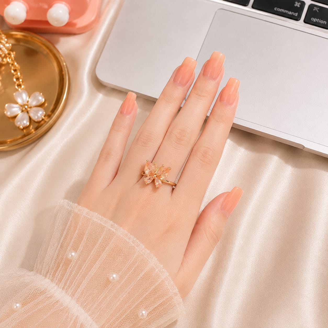 Champagne Peach Butterfly Adjustable Ring