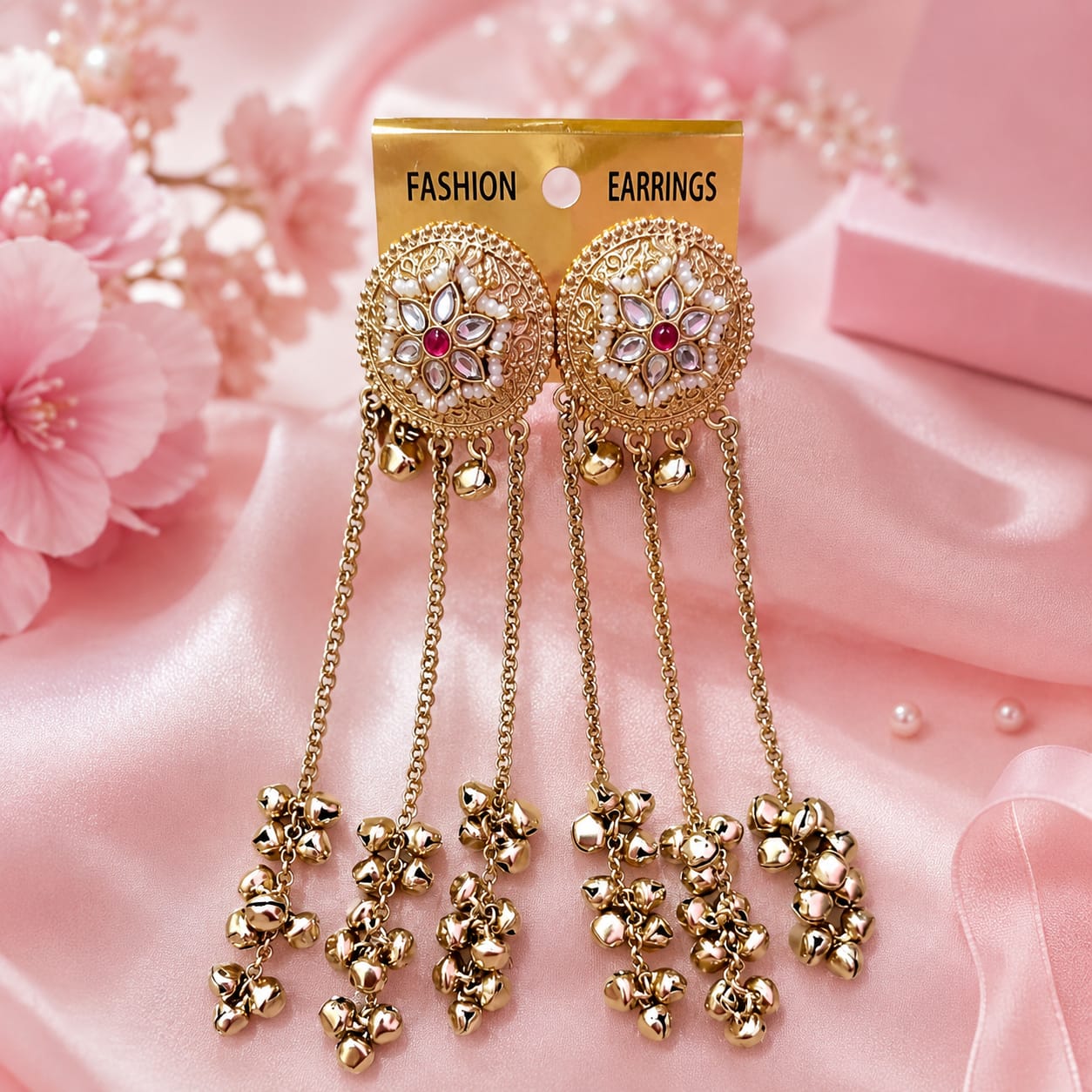 Kashmiri Ghungroo Long Jhumka red stone | Antique Finish Earrings