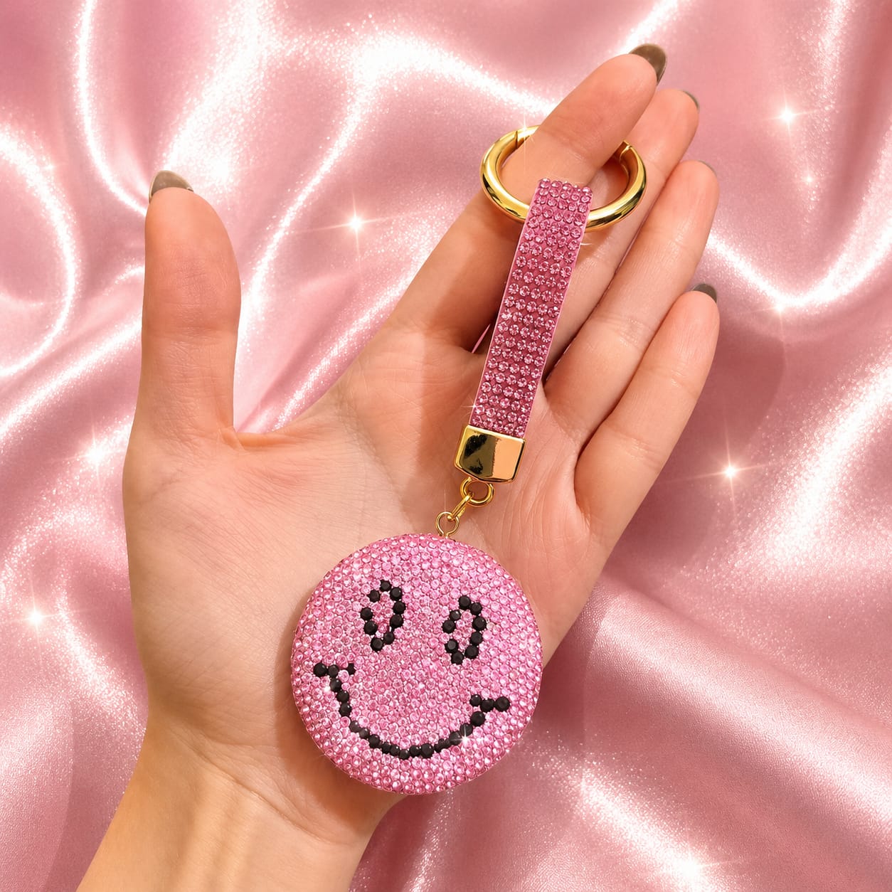 Pink Rhinestone Smily Keychain
