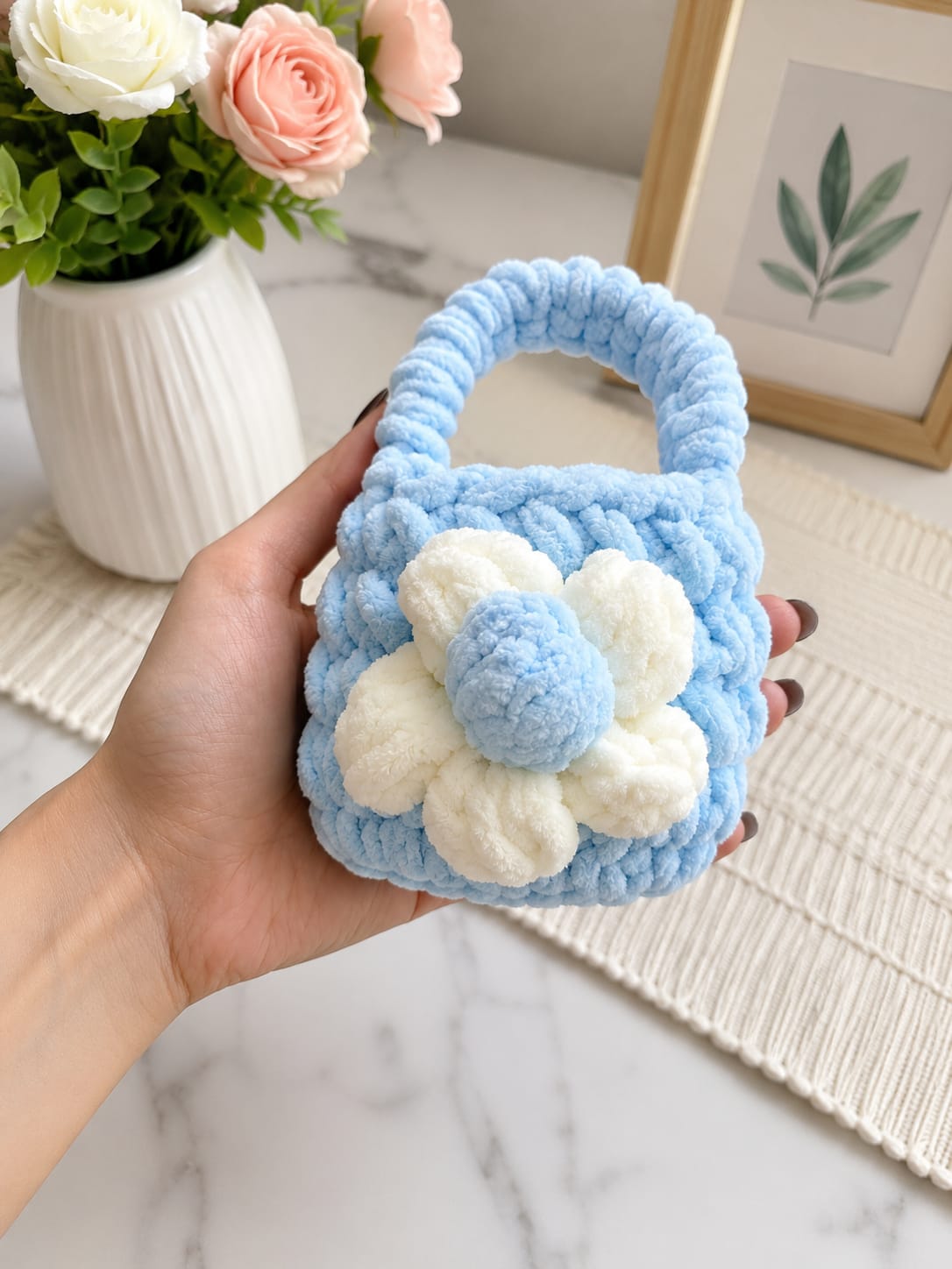 Mini Plush Flower Bag For Earbuds - blue
