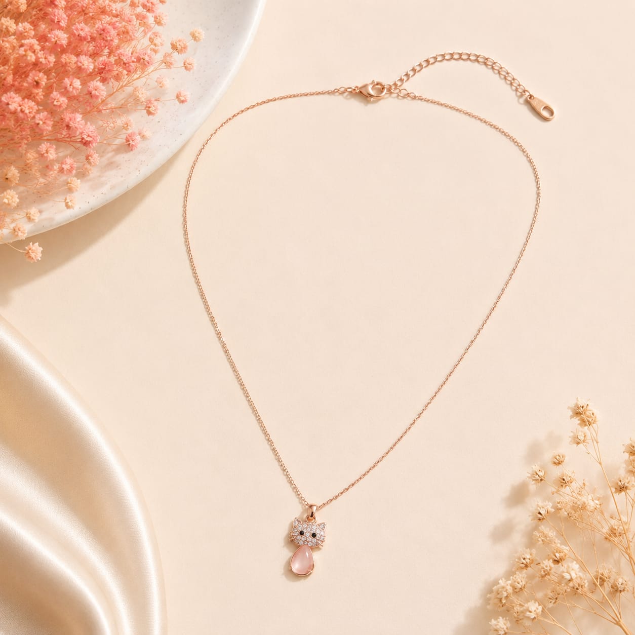 Rhinestone Pink Kitty Necklace