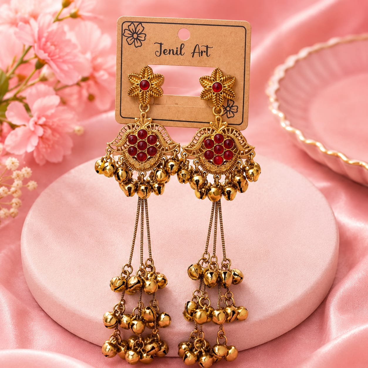 Kashmiri Ghungroo Long Jhumka red | Antique Finish Earrings