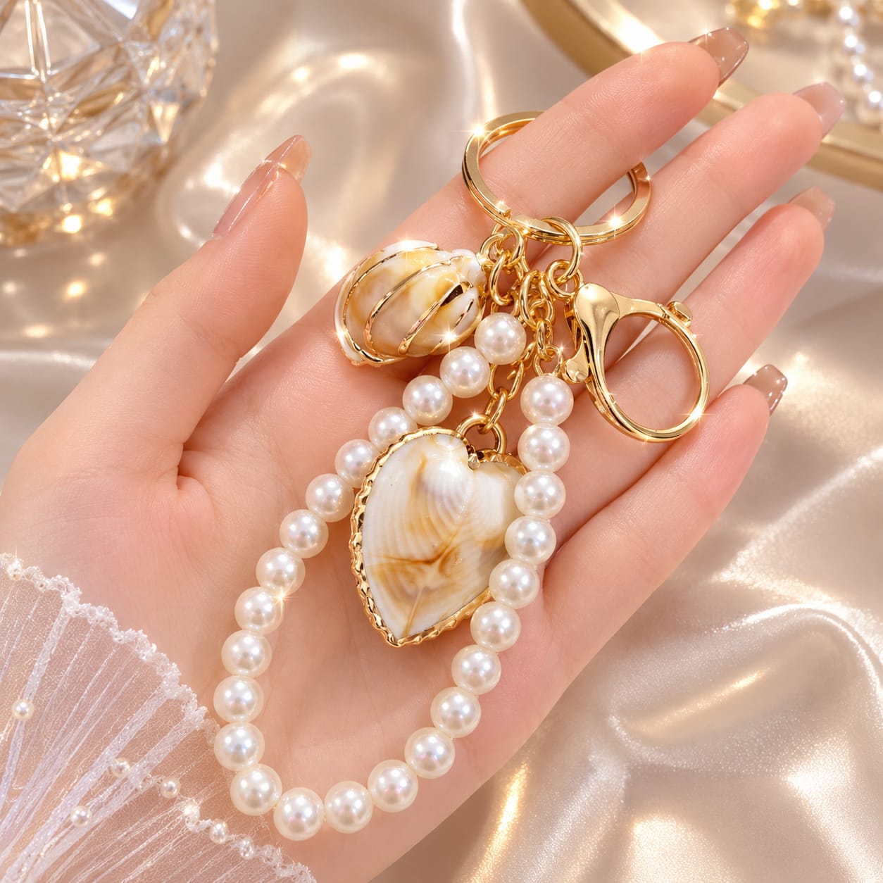 Pearl Heart Shell Keychain